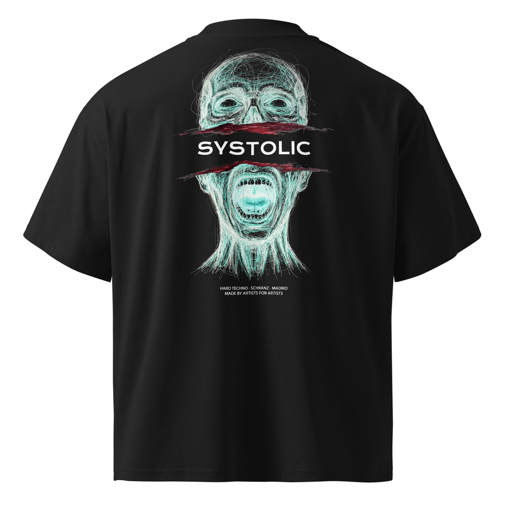 SYSTOLIC RECORDS oversized tee back — scribble art scream print hard techno schranz label Madrid