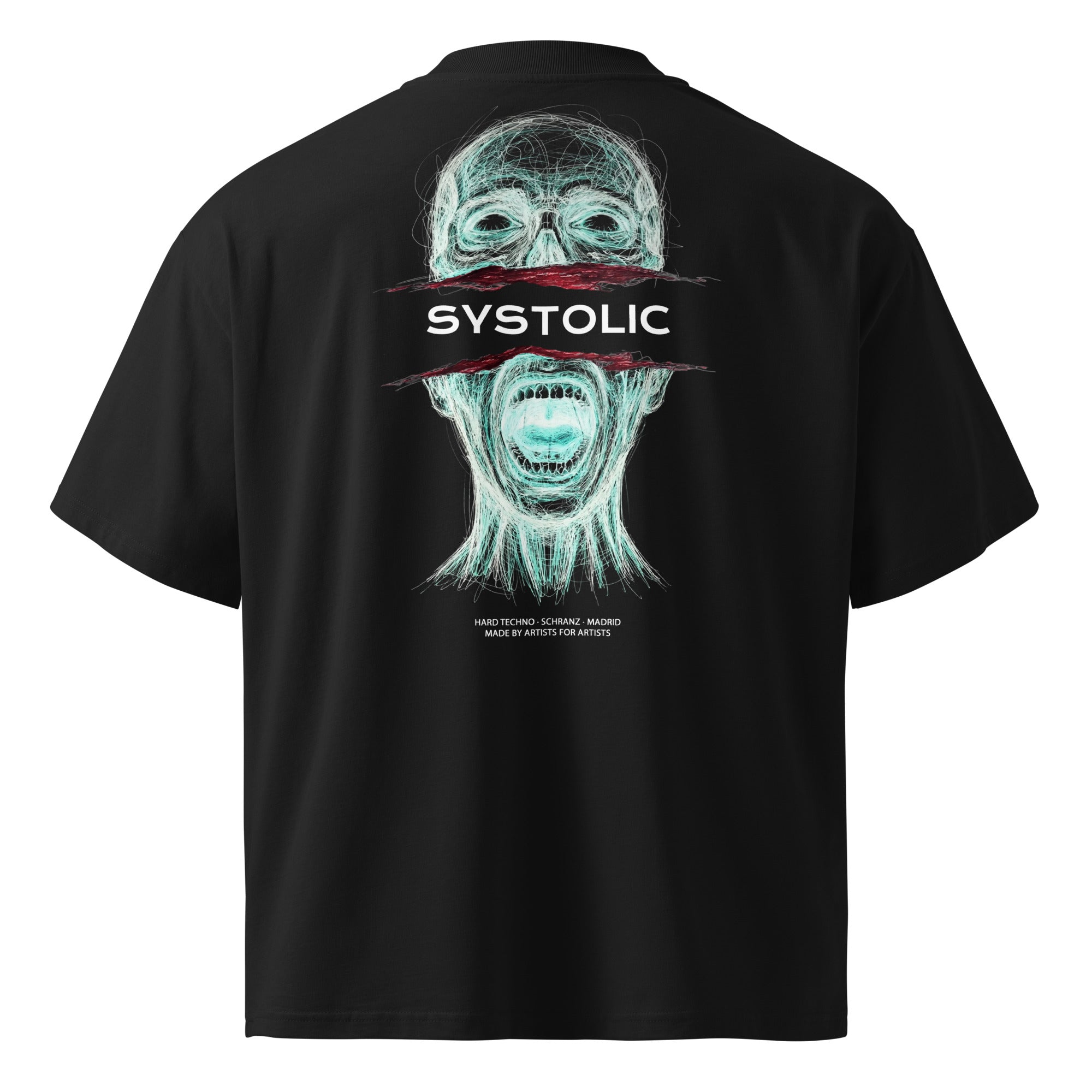 SYSTOLIC RECORDS oversized tee back — scribble art scream print hard techno schranz label Madrid