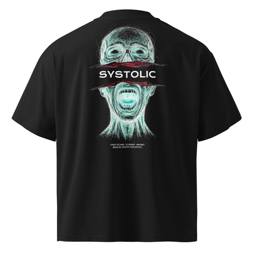SYSTOLIC RECORDS oversized tee back — scribble art scream print hard techno schranz label Madrid