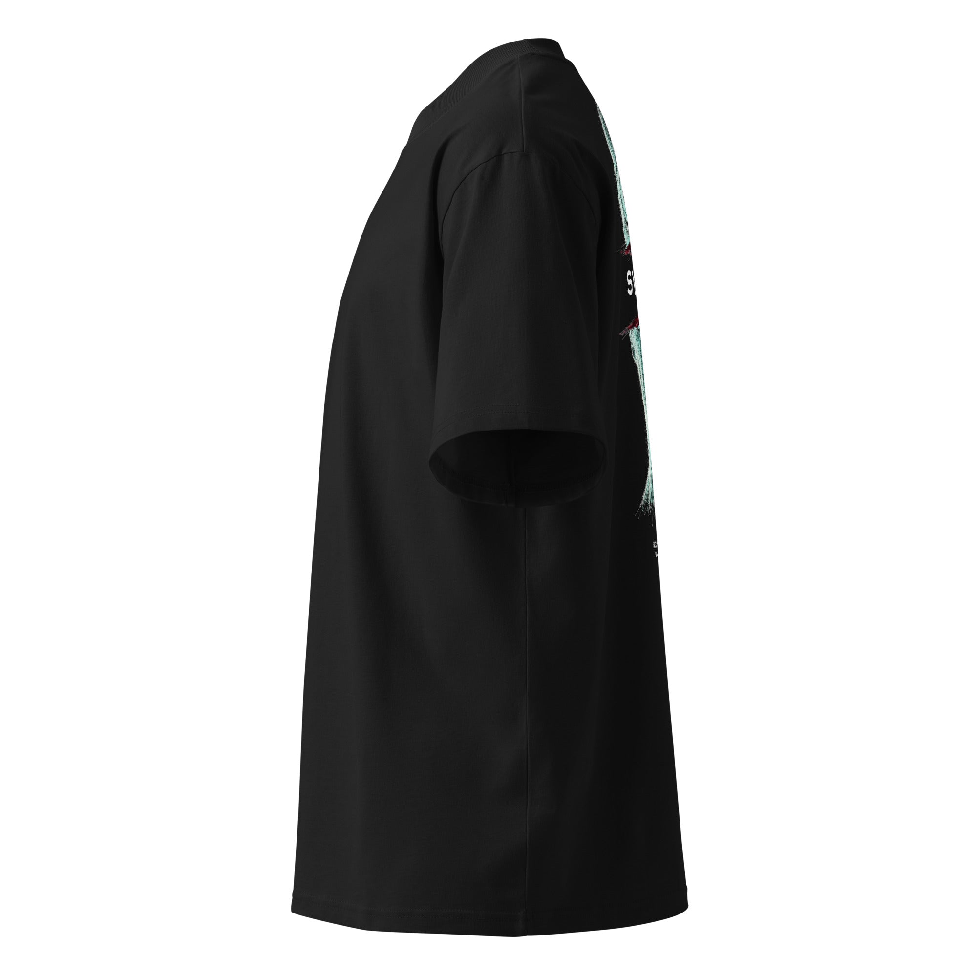 Hard techno rave clothing black oversized high neck tee left view — SYSTOLIC RECORDS Madrid